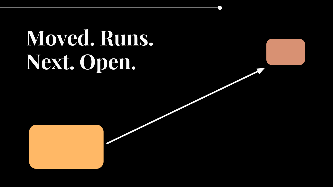Black card with a thin amber rule above the phrase 'Moved. Runs. Next. Open.' in cream serif type